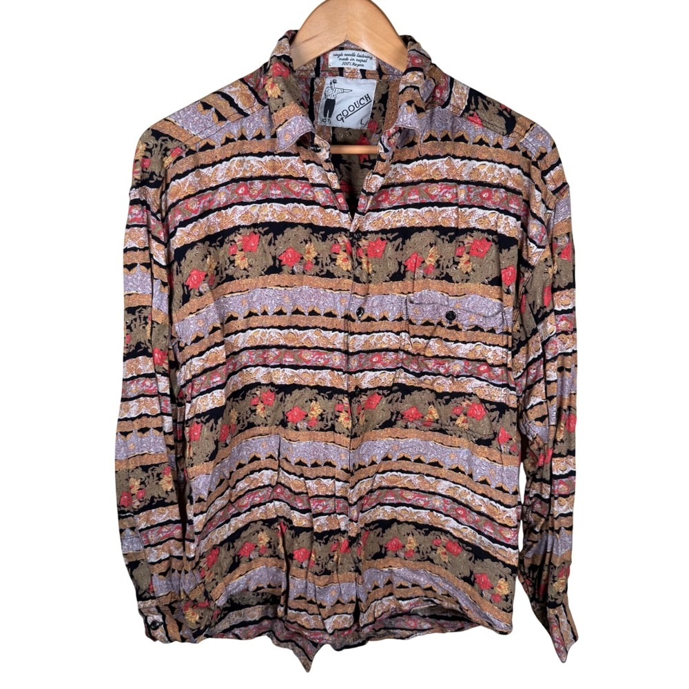 Goouch Button Down Shirt Mens Large Multicolor Vintage 90s Rayon Abstract Floral